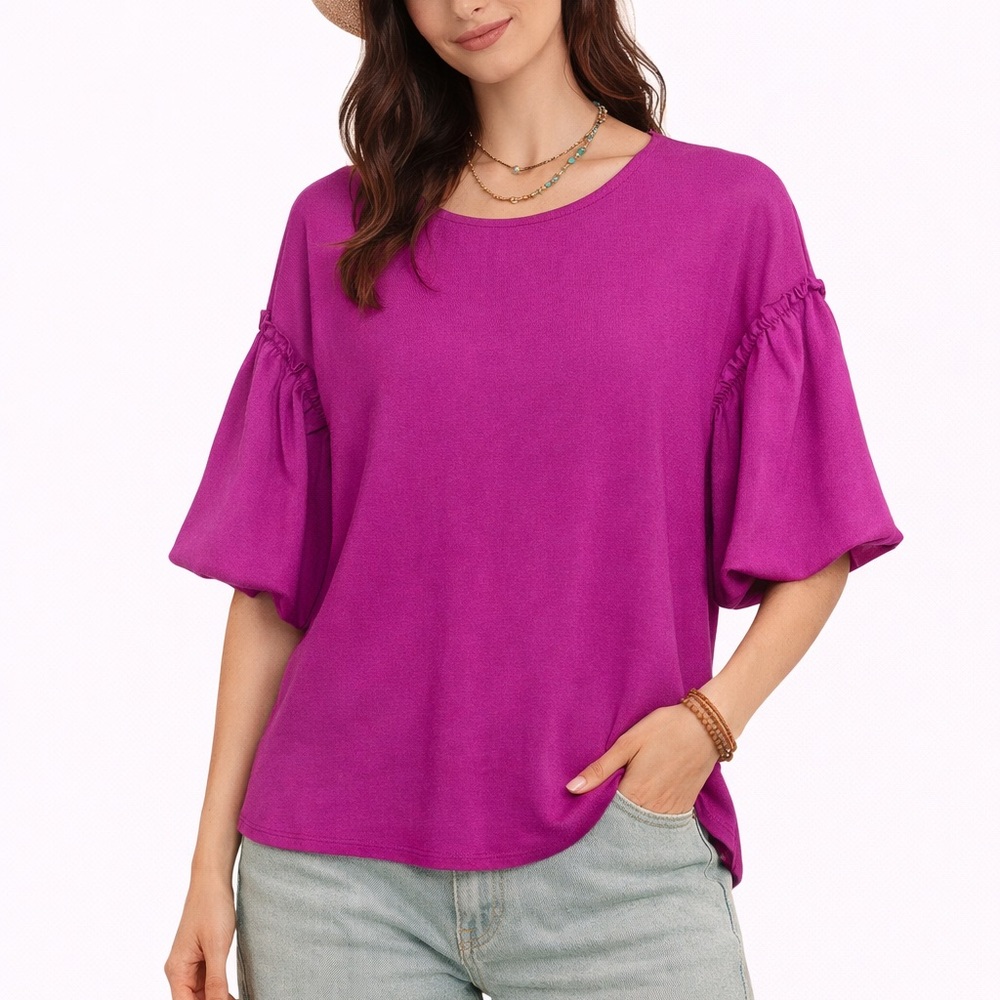Impressions Fuchsia Blouse Size Small with Puff Ruffle Sleeves